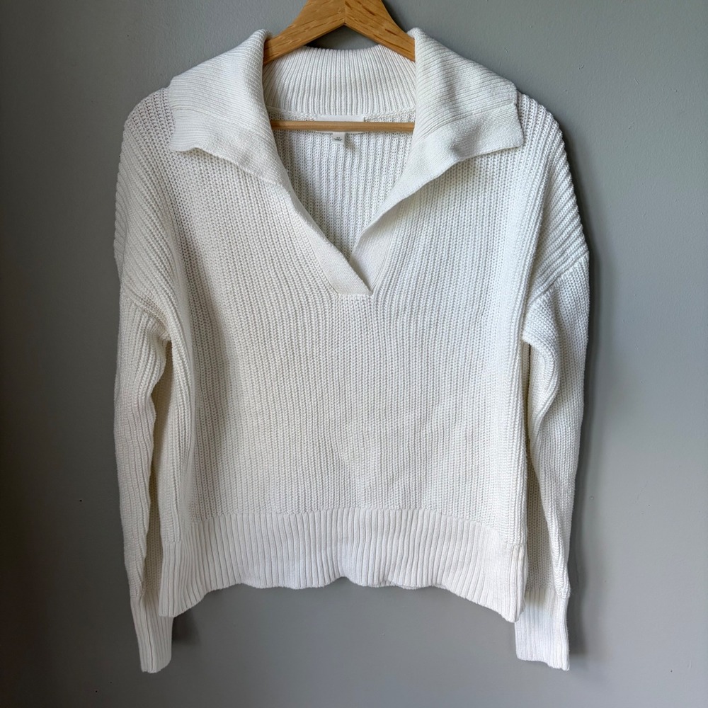 Haven Well Within White Cotton Shaker Stitch Polo Sweater XS V-Neck Pullover
